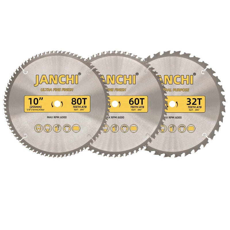 Jianchi 3-Pack Combo 10-Inch 32T & 60T & 80T Woodworking Saw Blades with 5/8" Arbor, .095" Thin Kerf Alternating Top Bevel Tungsten Carbide Teeth Miter/Table Saw Blade Ideal for Various Woods Cutting - Image 1